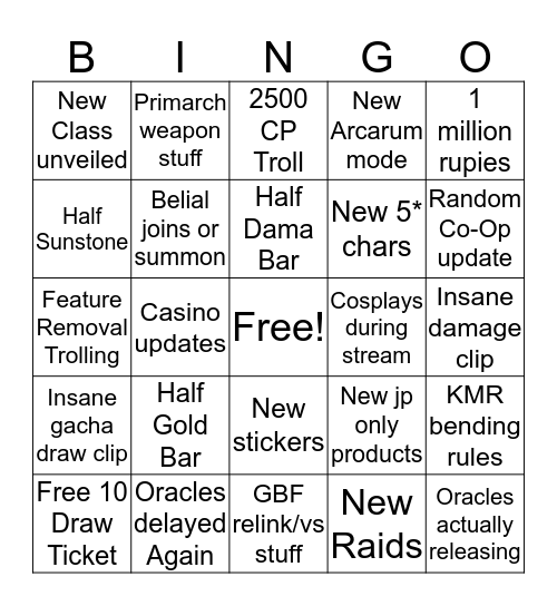 GBF 2019 Anniversary Bingo Card
