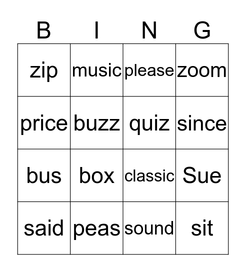 /s/ and /z/ Bingo Card