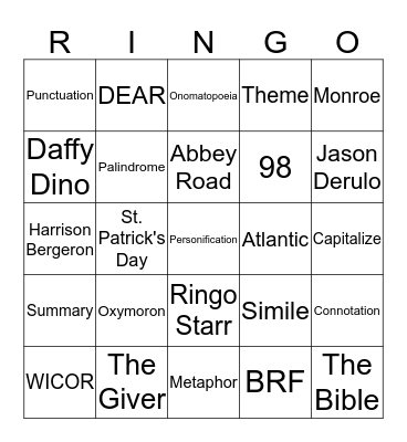 Figurative Language RINGO Bingo Card