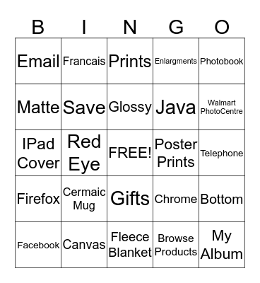 WalMart PhotoCenter Bingo Card
