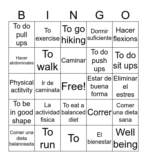 Unit 3 - Healthy Living Bingo Card