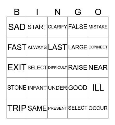 Synonyms Chart Bingo Card