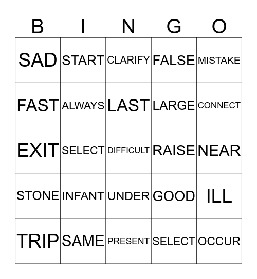 Synonyms Chart Bingo Card
