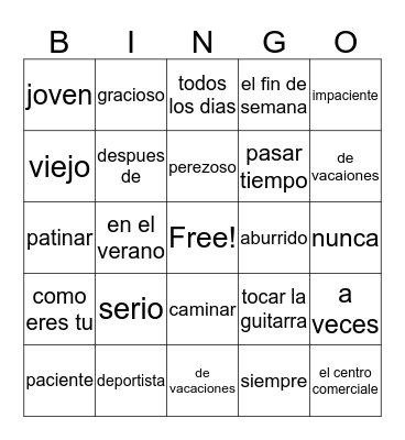 Unit 1-All About Me Bingo Card