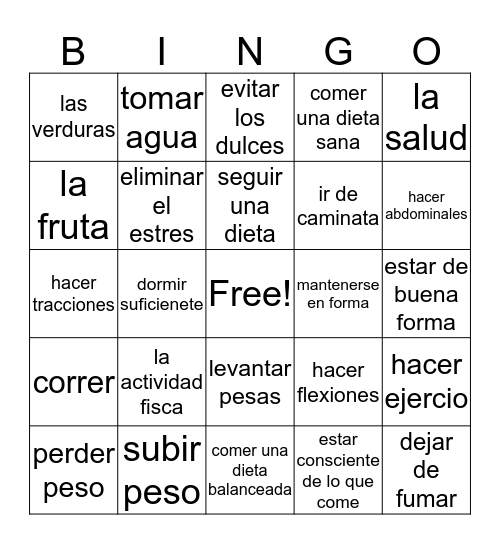Unit 3-Healthy Living Vocabulary Bingo Card