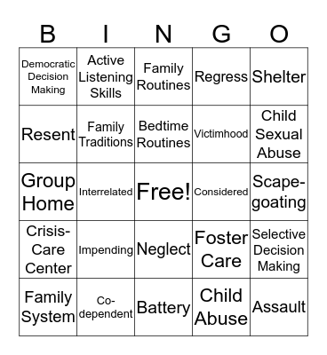 Chapter 14 - Strengthening Family Interactions Bingo Card