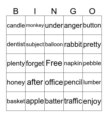 Two Syllable Words Bingo Card