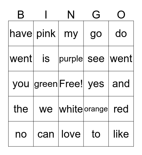 Sight word Bingo Card