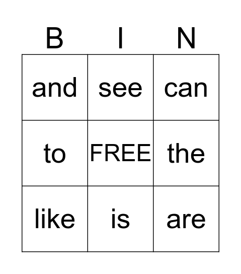 Sight Words Bingo Card