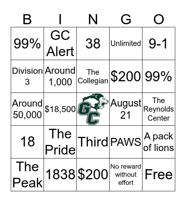 Greensboro College Bingo Card