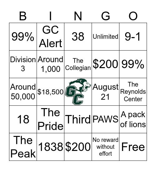 Greensboro College Bingo Card