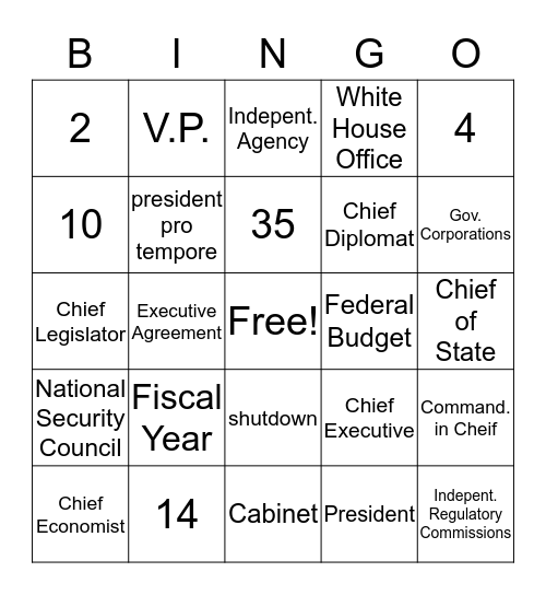 Executive Branch Bingo Card