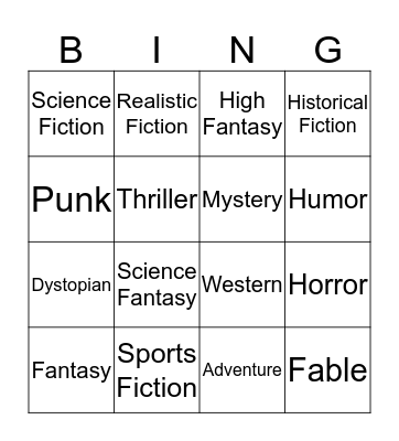 Book Genre Bingo Card