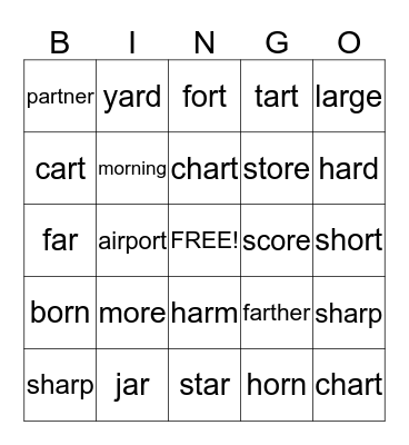 AR and OR Words Bingo Card