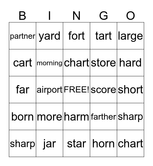 AR and OR Words Bingo Card