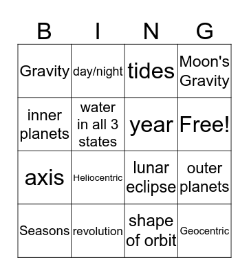 The Solar System Bingo Card