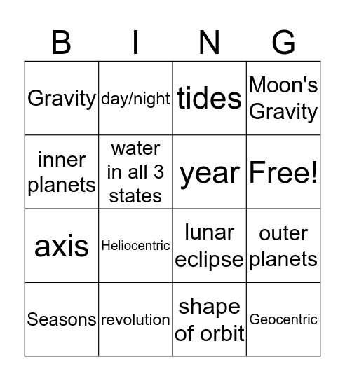 The Solar System Bingo Card