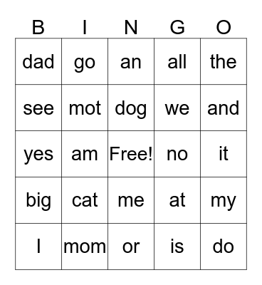 Sight Words Bingo Card