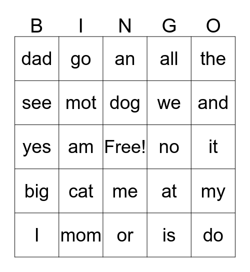 Sight Words Bingo Card