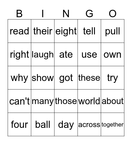 Sight Words Bingo Card