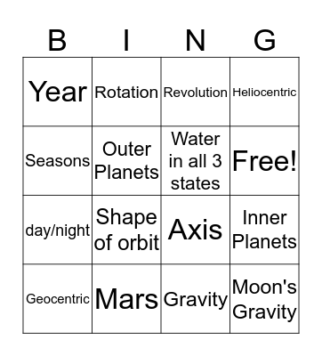 The Solar System Bingo Card