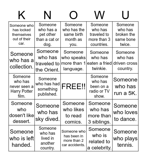 Let's Get To.... Bingo Card