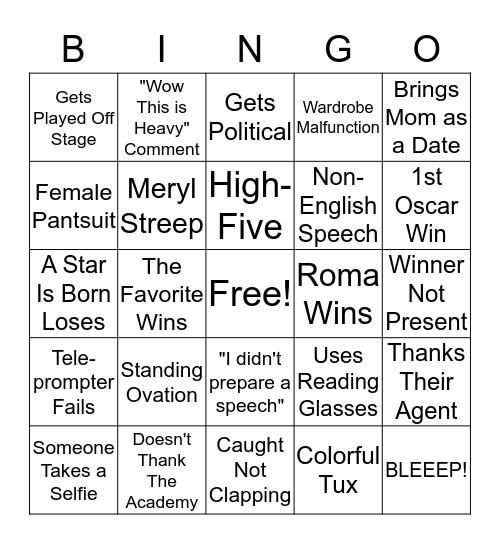 OSCARS 2019 Bingo Card