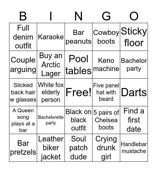 Bar Crawl Scavenger Hunt v. 2 Bingo Card