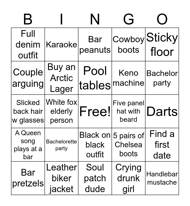 Bar Crawl Scavenger Hunt v. 2 Bingo Card