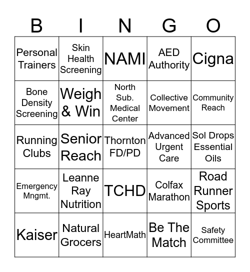 Staff Wellness Expo Bingo Card