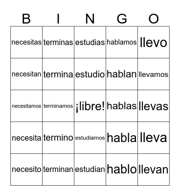 Verbs that end in "AR" Bingo Card