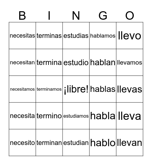 Verbs that end in "AR" Bingo Card