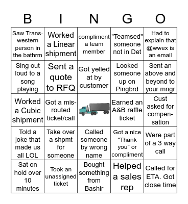 WWEX FREIGHT BINGO Card