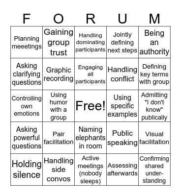 Facilitator's Forum - Find people good at the below Bingo Card