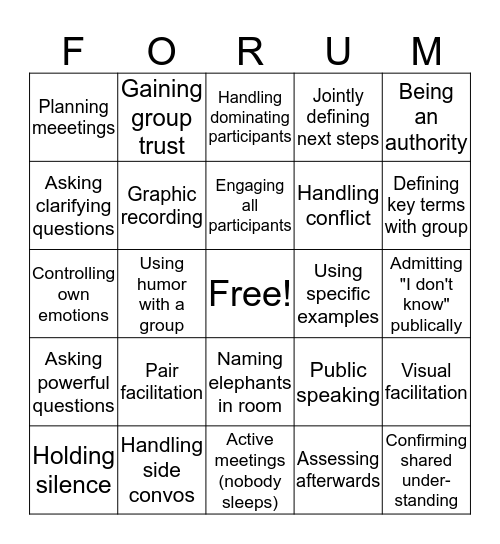 Facilitator's Forum - Find people good at the below Bingo Card