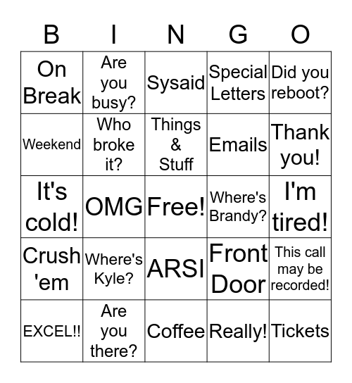 ADMIN BINGO Card