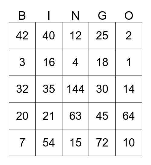 Multiplication Bingo Card