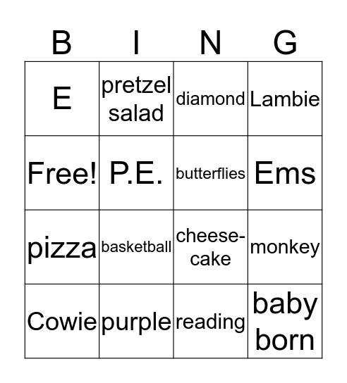 Emerson's Favorites Bingo Card