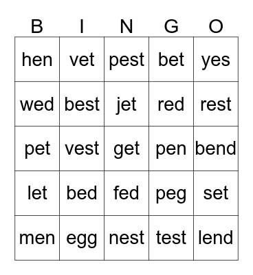 Short 'e' Bingo Card