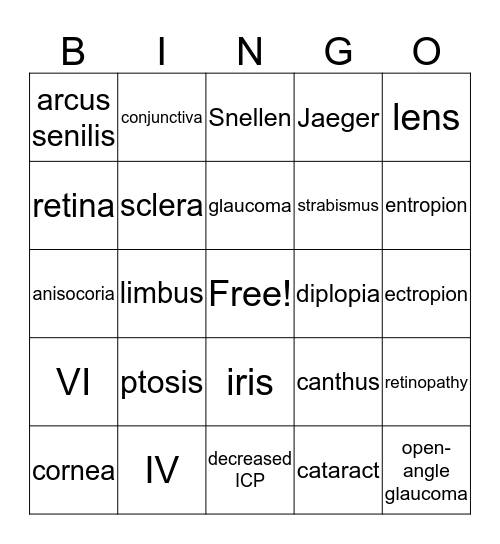 Eye Assessment Bingo Card