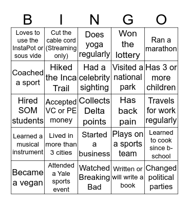 Yale SOM Class of 2004 Bingo! Bingo Card