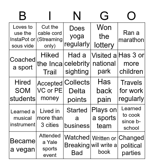Yale SOM Class of 2004 Bingo! Bingo Card