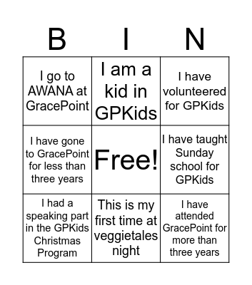 GPKids Bingo  Bingo Card