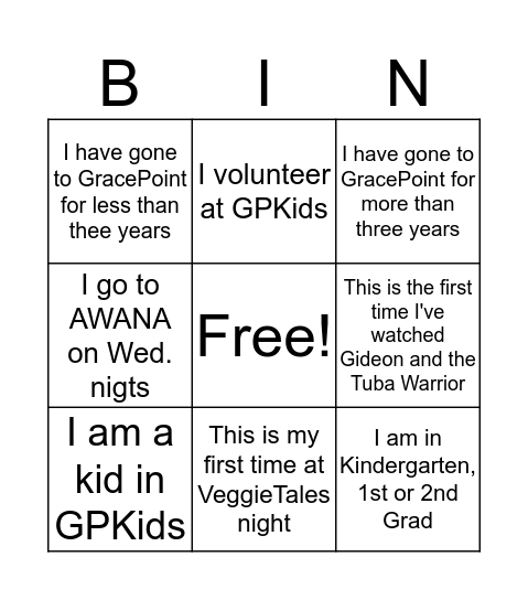 GPKids Bingo Card
