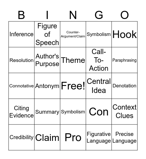 Vocabulary Review Bingo Card