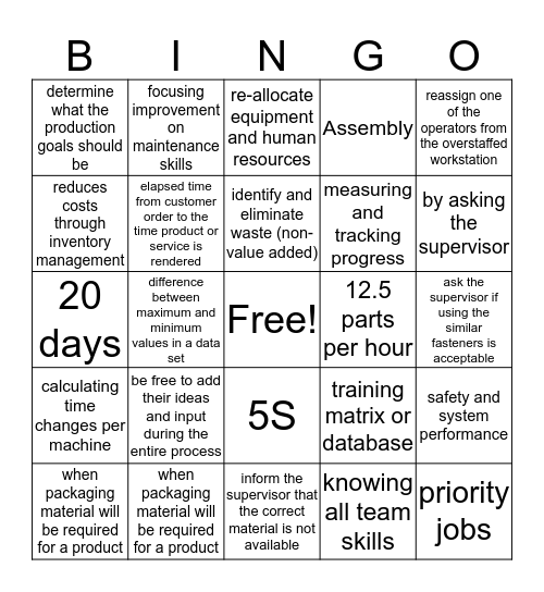 Manufacturing 35-69 Bingo Card
