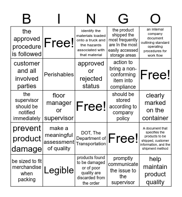 Manufacturing Prep Last Bingo Card