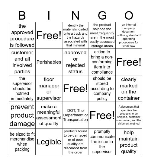 Manufacturing Prep Last Bingo Card