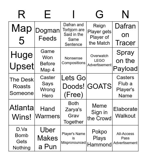 Atlanta Reign Game Day Bingo Card