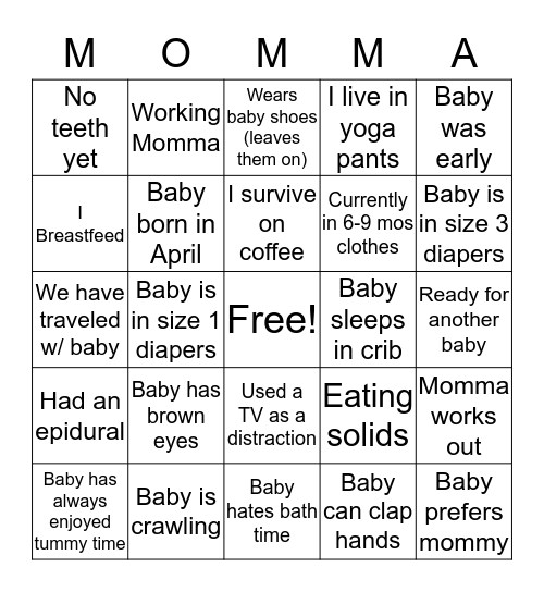 Mommas Night Out! Bingo Card